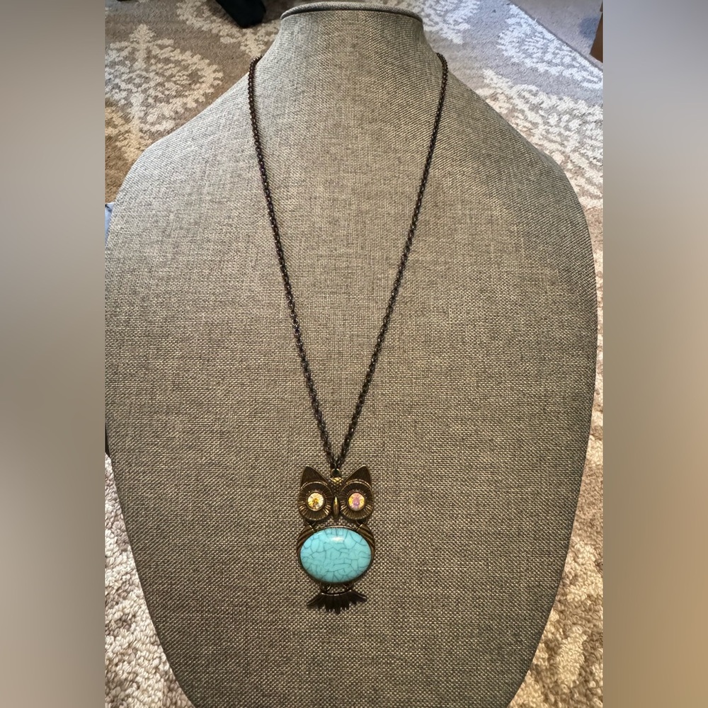 Owl Pendant Necklace with Turquoise and Gold Accents